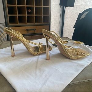 Brand New Public Desire Heeled Sandals with Ankle Tie in Gold, US:7